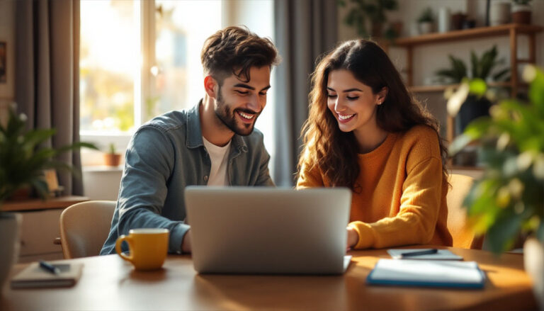A couple reviewing their finances on a laptop at home, planning their savings with a COMTRUST Money Market Account