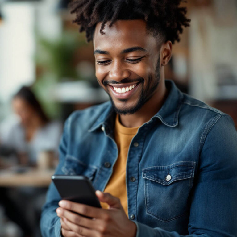 Man using phone to view online banking from free checking account.
