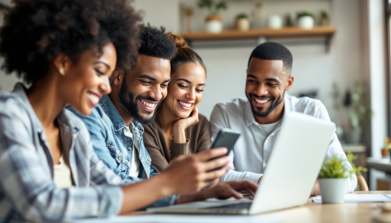 Group of friends at coffee shop viewing features of their COMTRUST Free Checking.