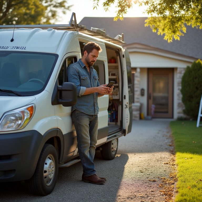 "A small business owner operating a mobile mechanic or handyman service, standing next to a work van while reviewing job details on a mobile device. Tools and equipment are organized in the background. This image represents how Free Business Classic Checking supports hands-on professionals with no monthly fees and easy money management."