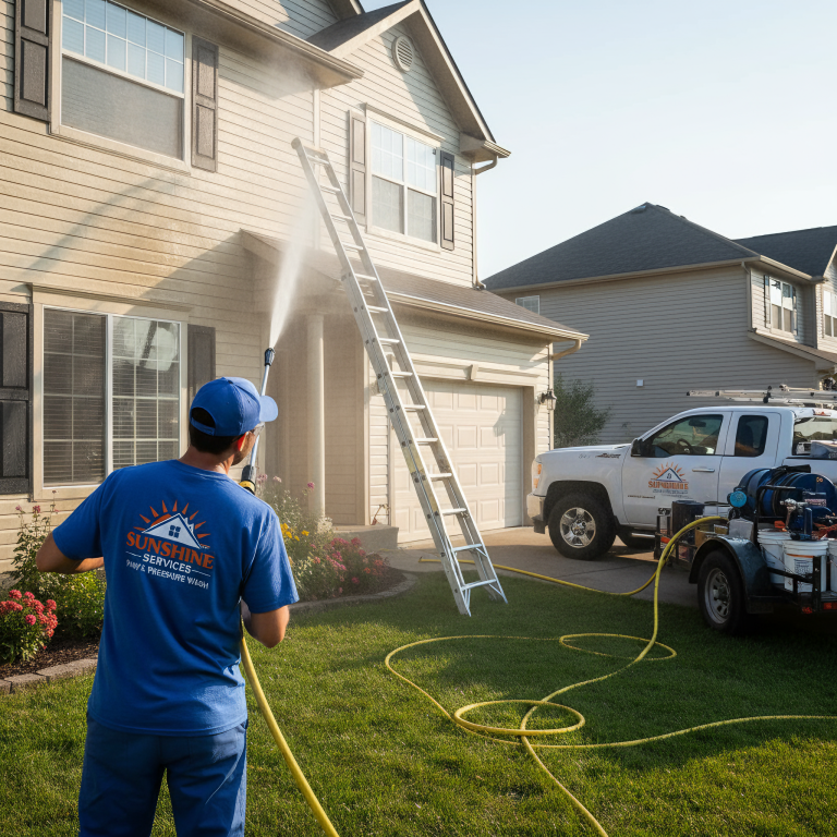"An independent painter or pressure washing professional working on-site at a home, with tools and branded equipment nearby. The scene reflects a hard-working small business owner benefiting from Free Business Classic Checking at COMTRUST."
