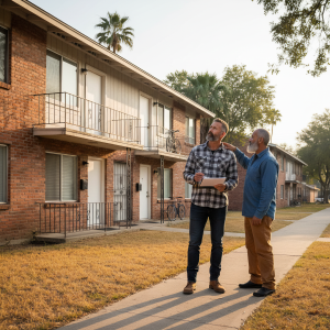 Investor evaluating a rental property with plans for renovation or tenant prep.