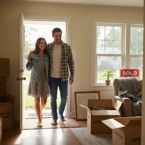 Couple moving into their new home, celebrating their first-time home purchase.