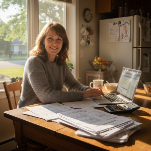 Homeowner reviewing paperwork and feeling confident after refinancing their mortgage.