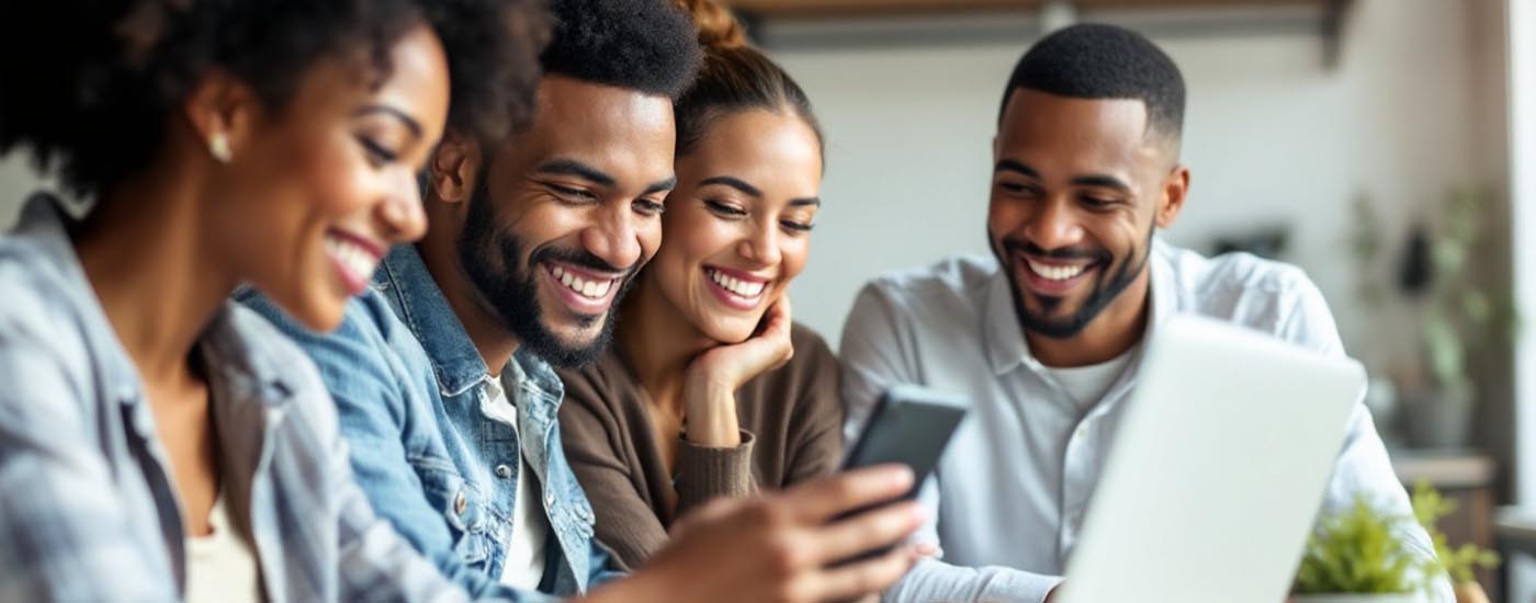 Group of friends at coffee shop viewing features of their COMTRUST Free Checking.