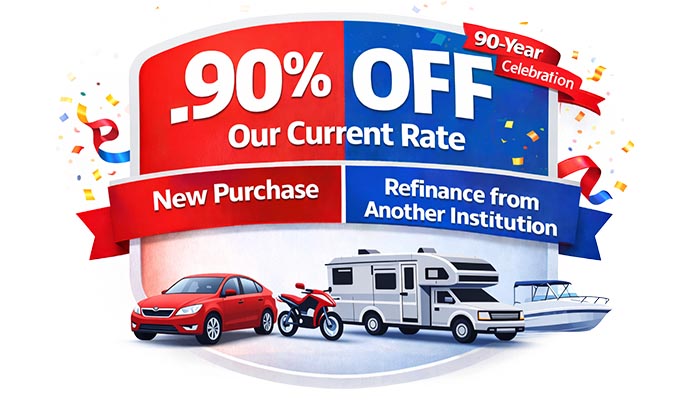 Group of friends at coffee shop viewing features of their COMTRUST Free Checking.