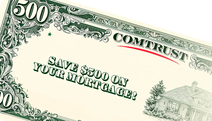 Group of friends at coffee shop viewing features of their COMTRUST Free Checking.