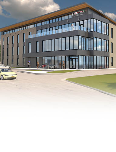 Group of friends at coffee shop viewing features of their COMTRUST Free Checking.