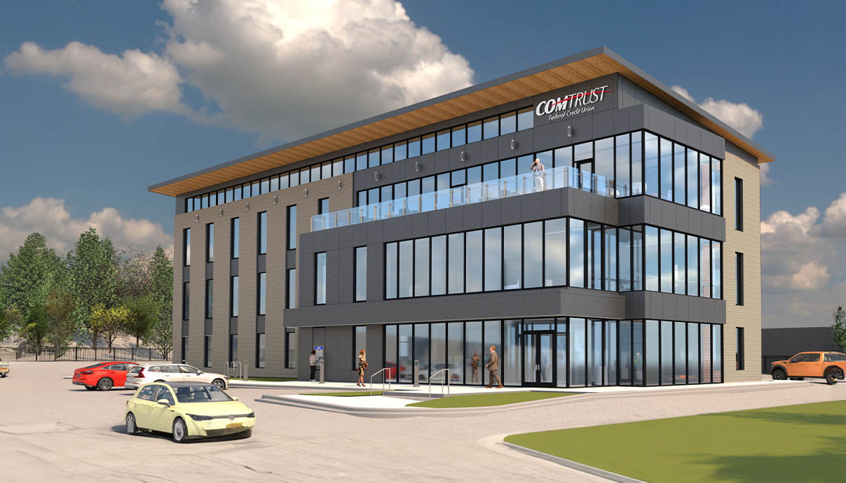 Group of friends at coffee shop viewing features of their COMTRUST Free Checking.