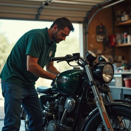 Man admires his new motorcycle purchased with COMTRUST low motorcycle rates.