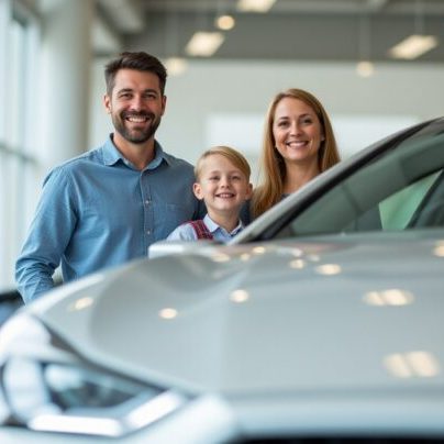 Family smiling next to their new car thanks to COMTRUST Auto Loans